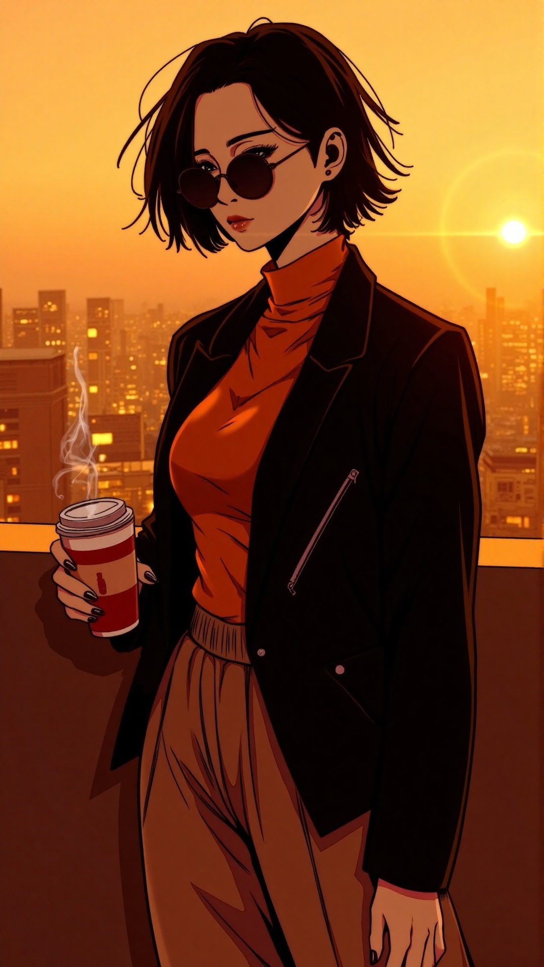 "A stylish anime-style woman standing on a rooftop at sunset,  overlooking the glowing city skyline. She has short,  messy...