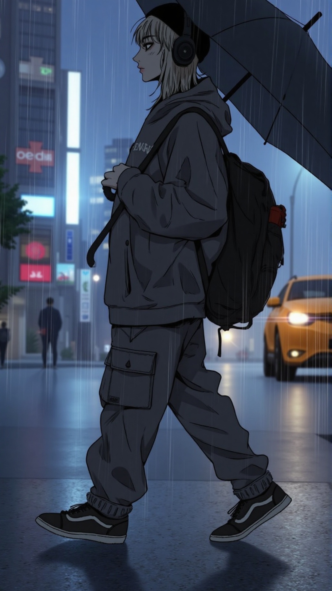 "A modern anime girl walking through the city during light rain with headphones on,  lost in music. She wears an oversized...