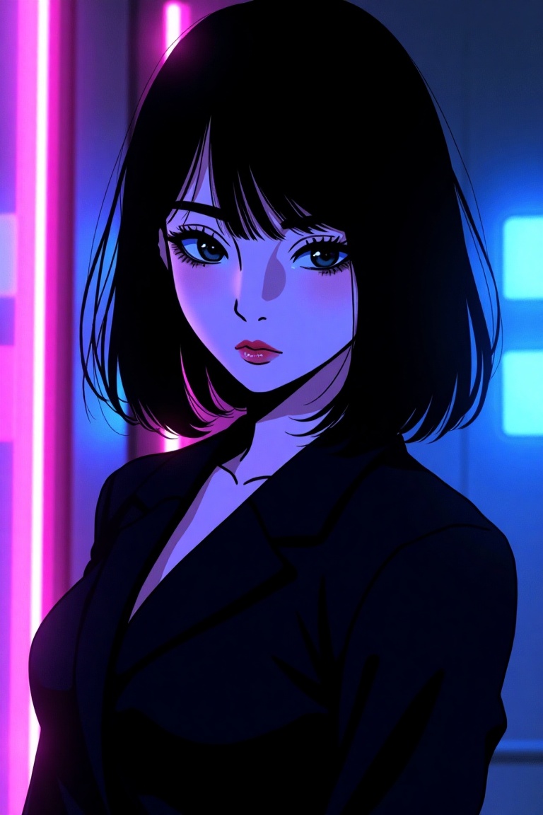 A high-resolution retro anime-style illustration featuring a beautiful girl with a classic hime-cut hairstyle,  her sleek...