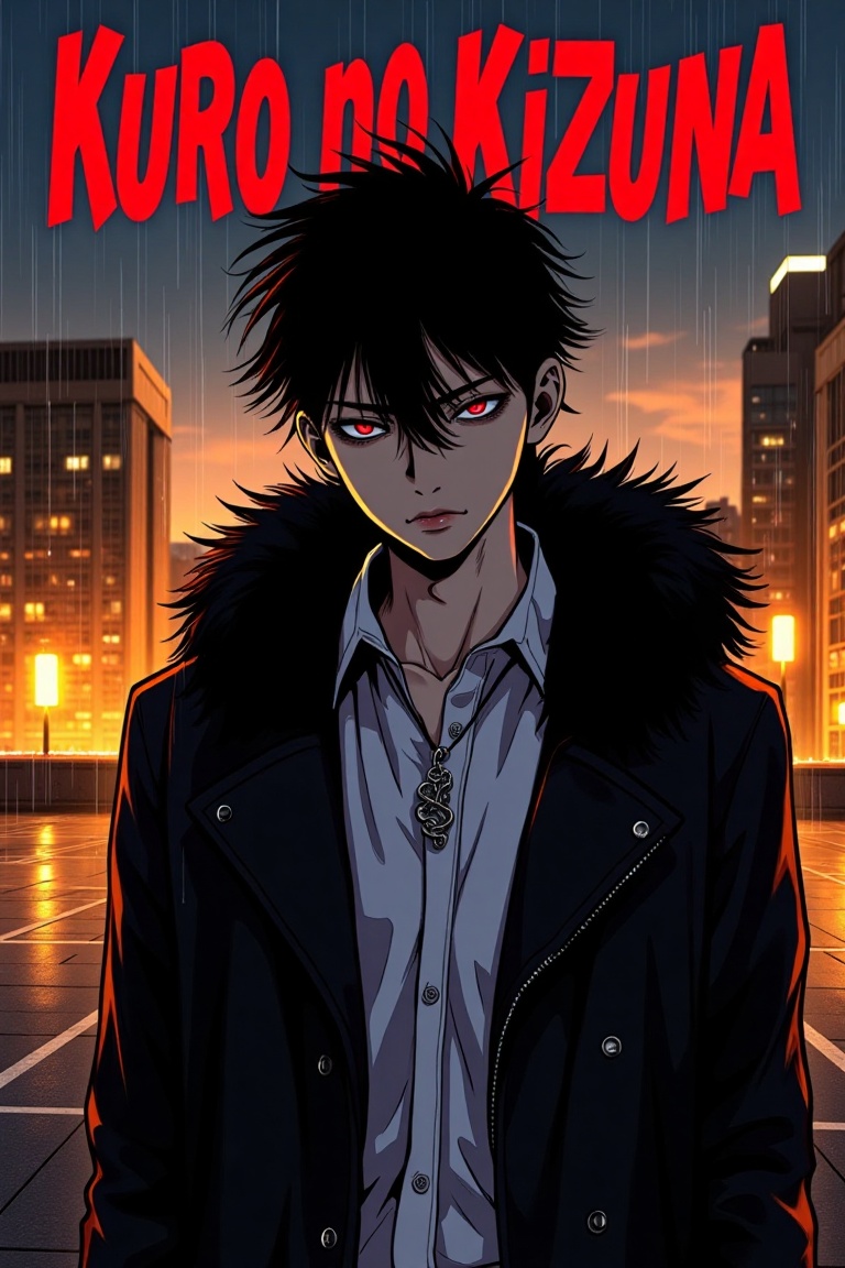Mangaka style,  A dark and moody anime-style illustration of a brooding young man with pale skin,  short spiky black hair...
