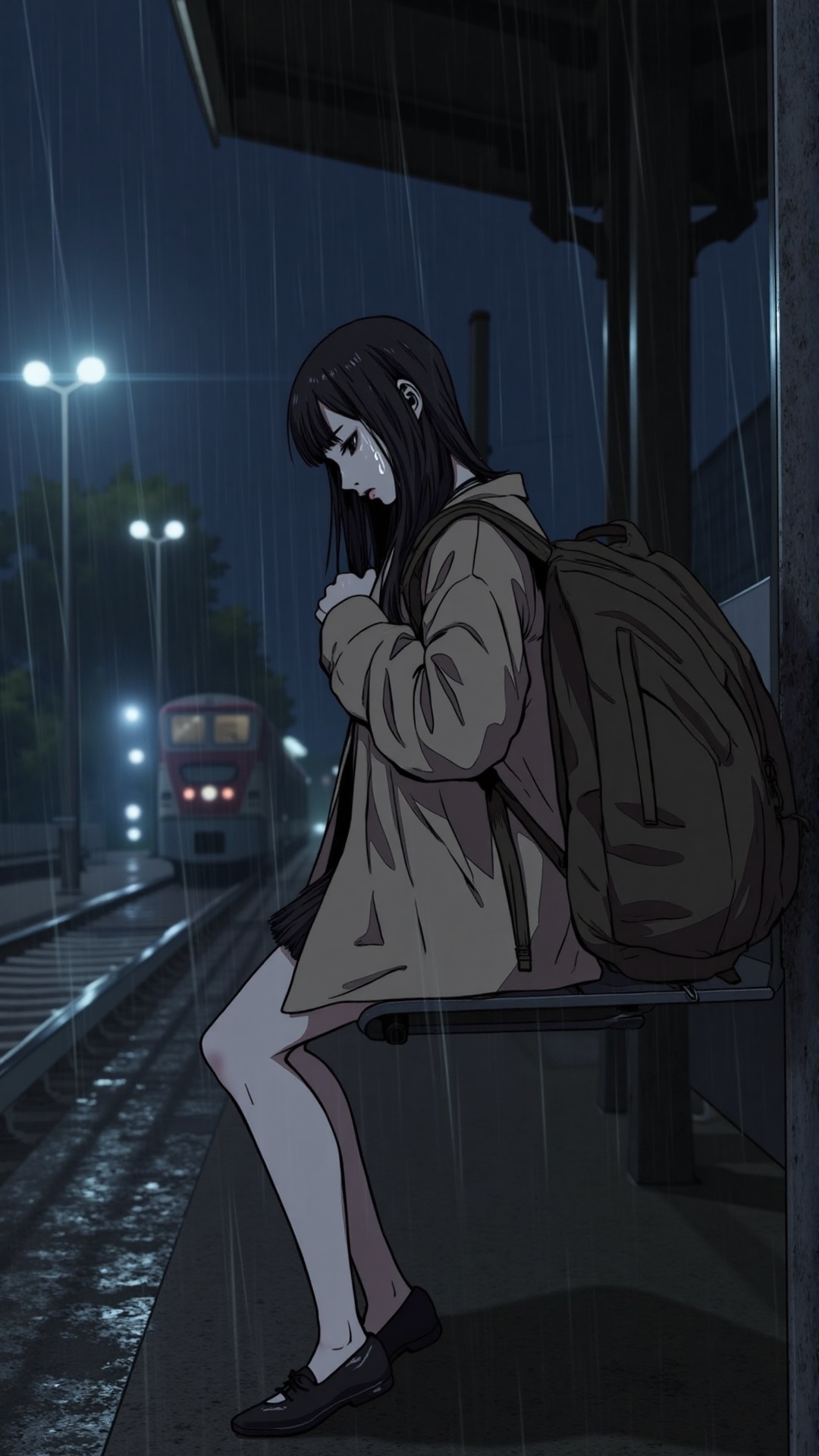 "A tired anime-style woman waiting at an empty outdoor train platform during a heavy rainstorm at night. She wears a schoo...