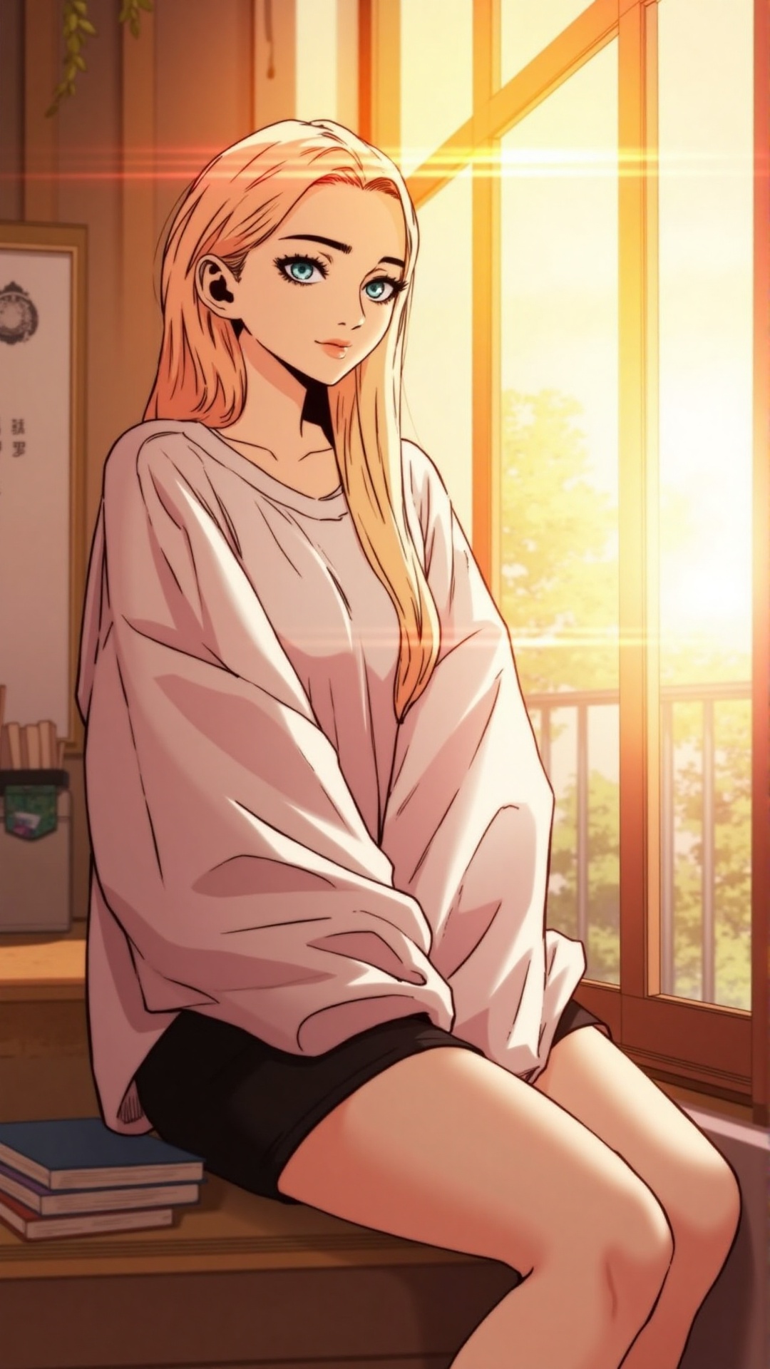 "A beautiful anime girl with long blonde hair and piercing blue eyes,  wearing an oversized white shirt and black shorts,...