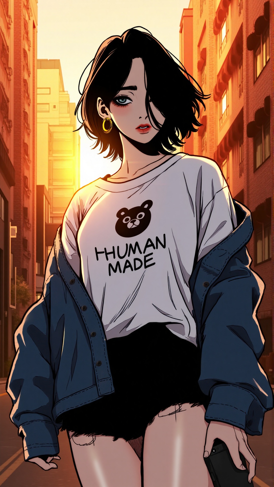 "A stylish manhwa-style woman with short,  tousled black hair and a melancholic expression,  wearing large hoop earrings a...