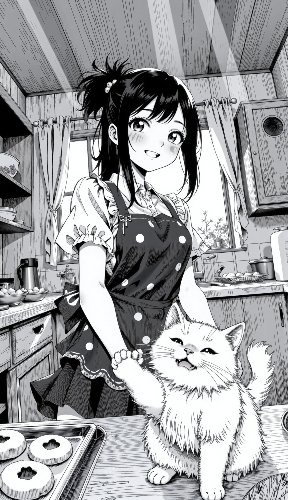 A cheerful manga masterpiece in high-detail black and white stroke art,  featuring a Japanese teenage girl with long black...