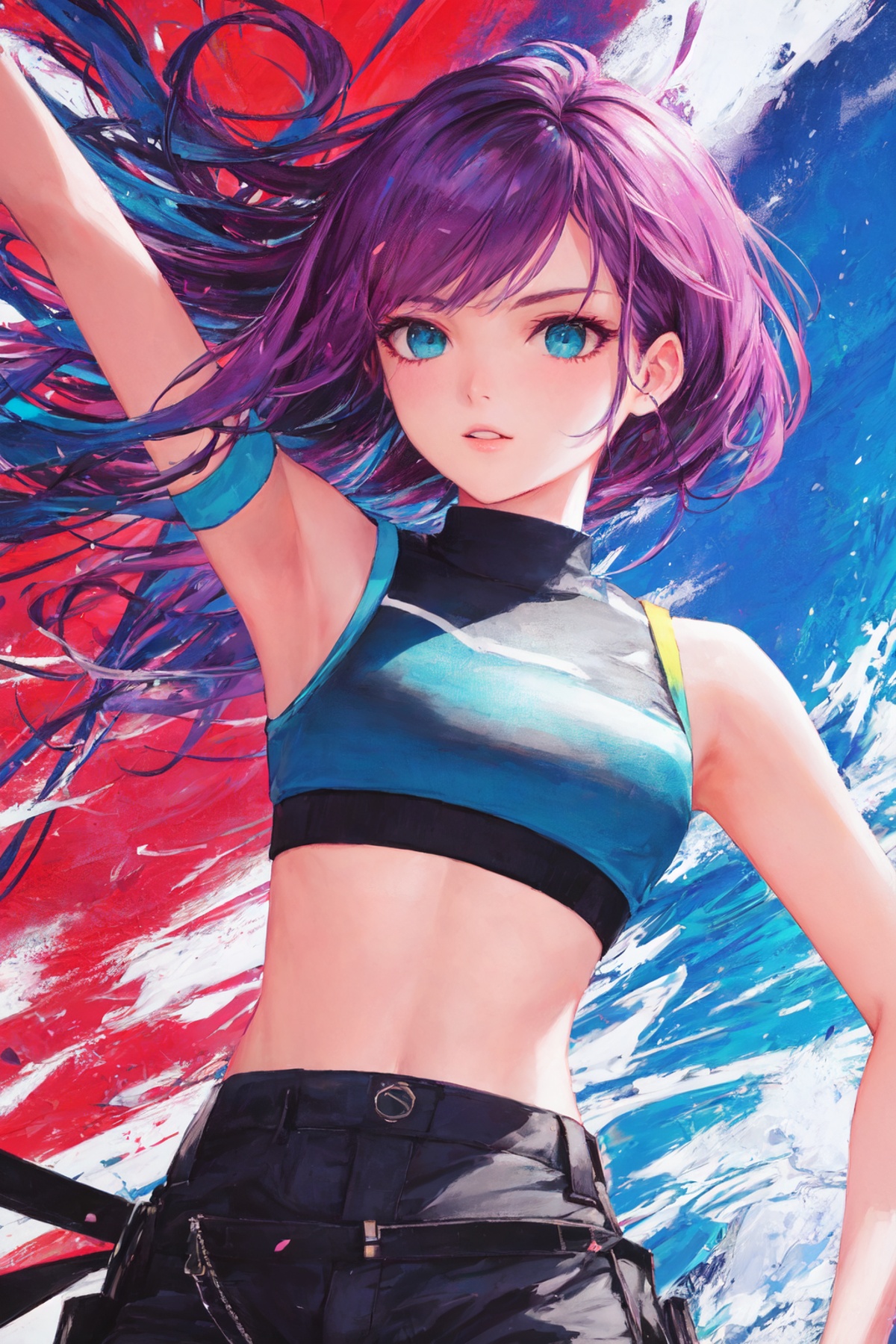 swpunk style synthwaveaward winning half body portrait of a woman in a croptop and cargo pants with ombre navy blue teal h...