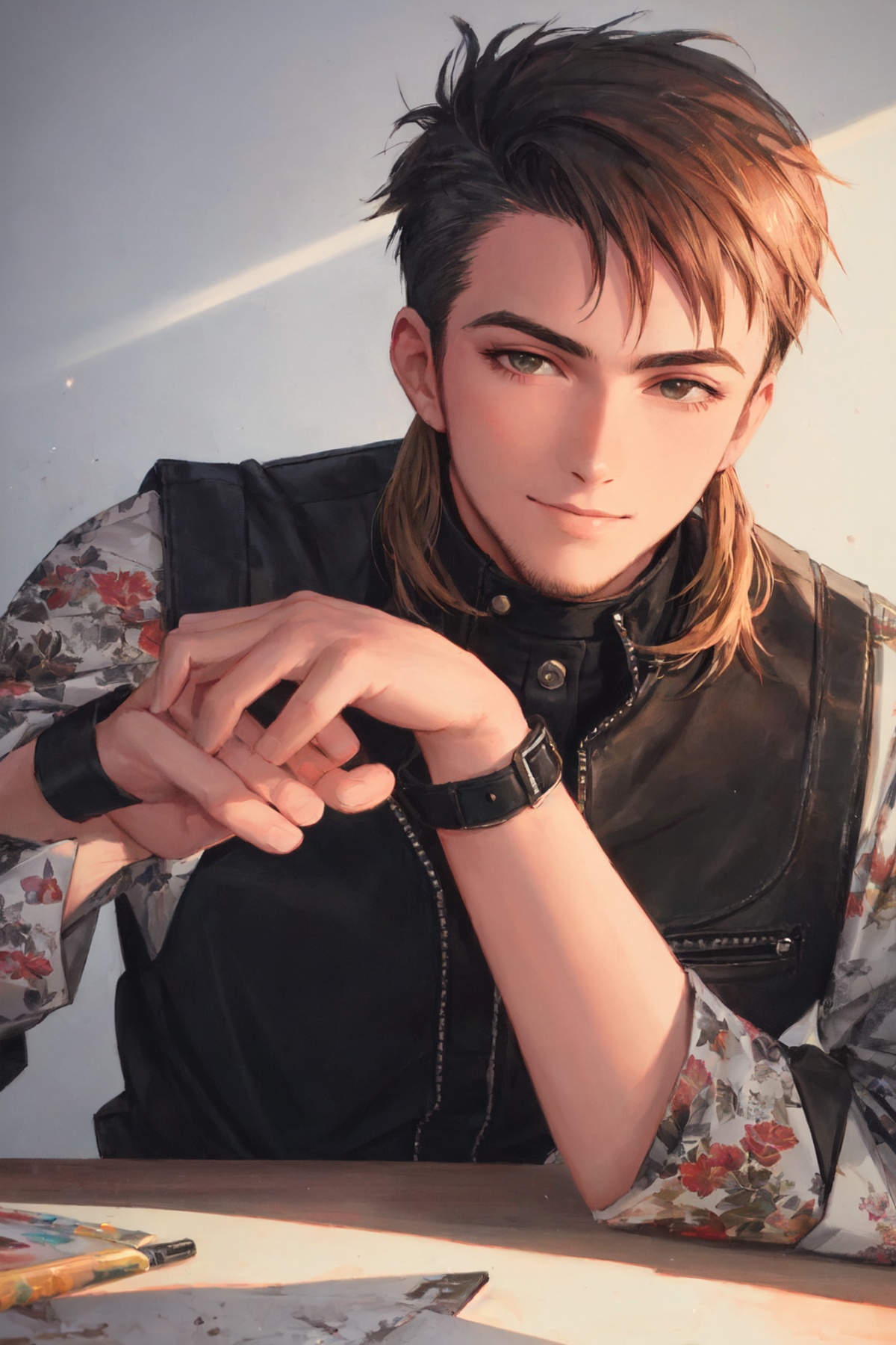 swpunk style,  A stunning intricate full color portrait of a grizzled man with a black faux hawk smiling,  wearing a black...