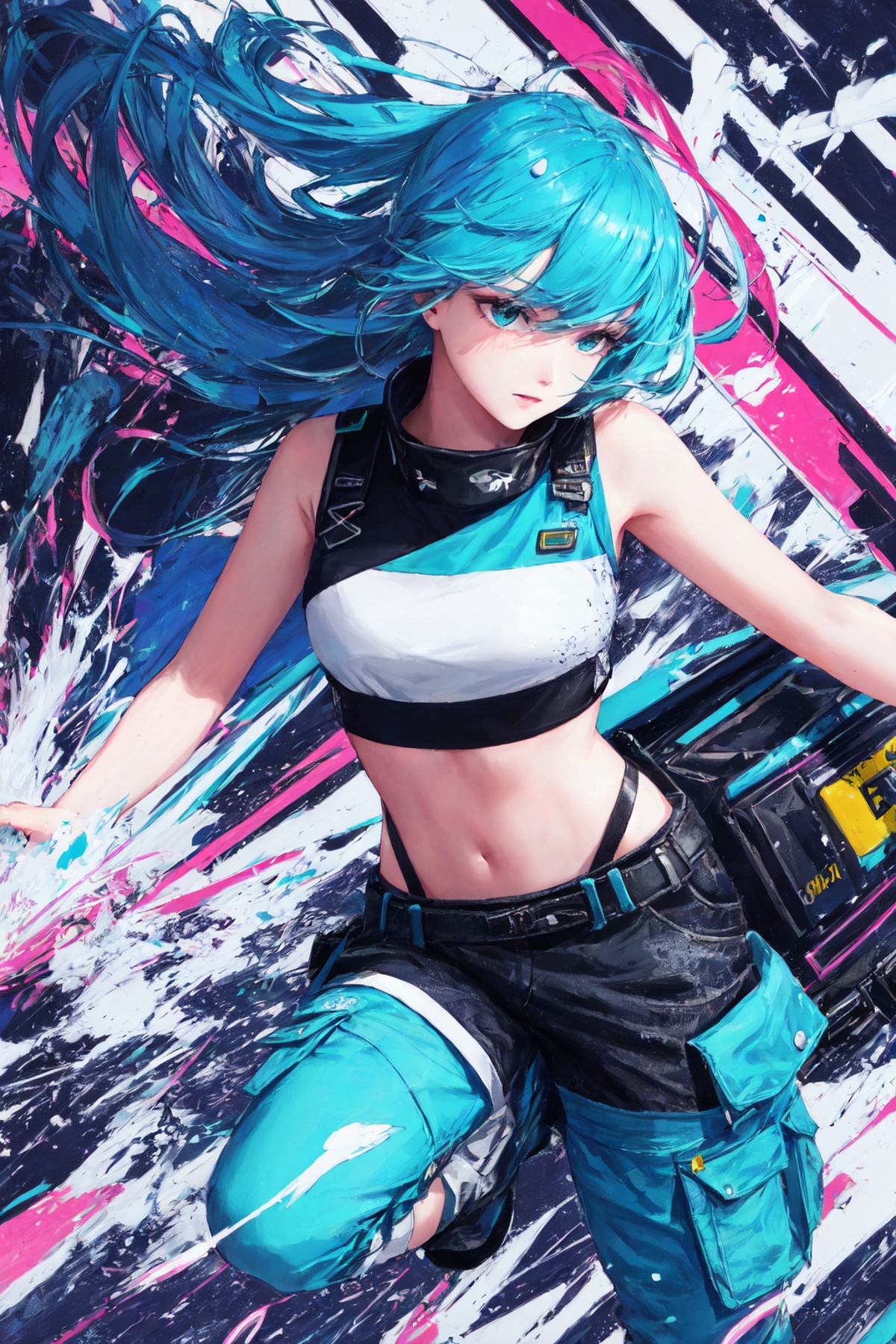 swpunk style synthwaveaward winning half body portrait of a woman in a croptop and cargo pants with ombre navy blue teal h...