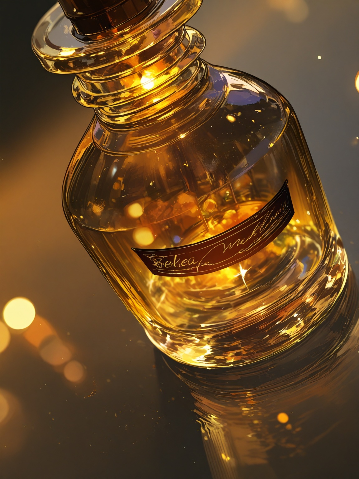 A close-up shot of a vintage glass bottle,  centered in frame with a shallow depth of field to emphasize its textured surf...