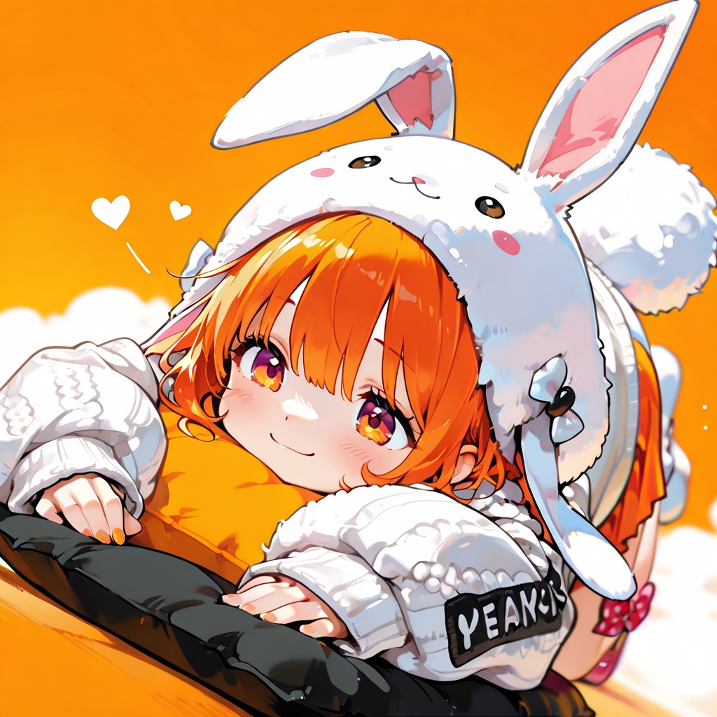 Vivid orange background,  fluffy floppy ears,  bunny hat on Tensor.Art