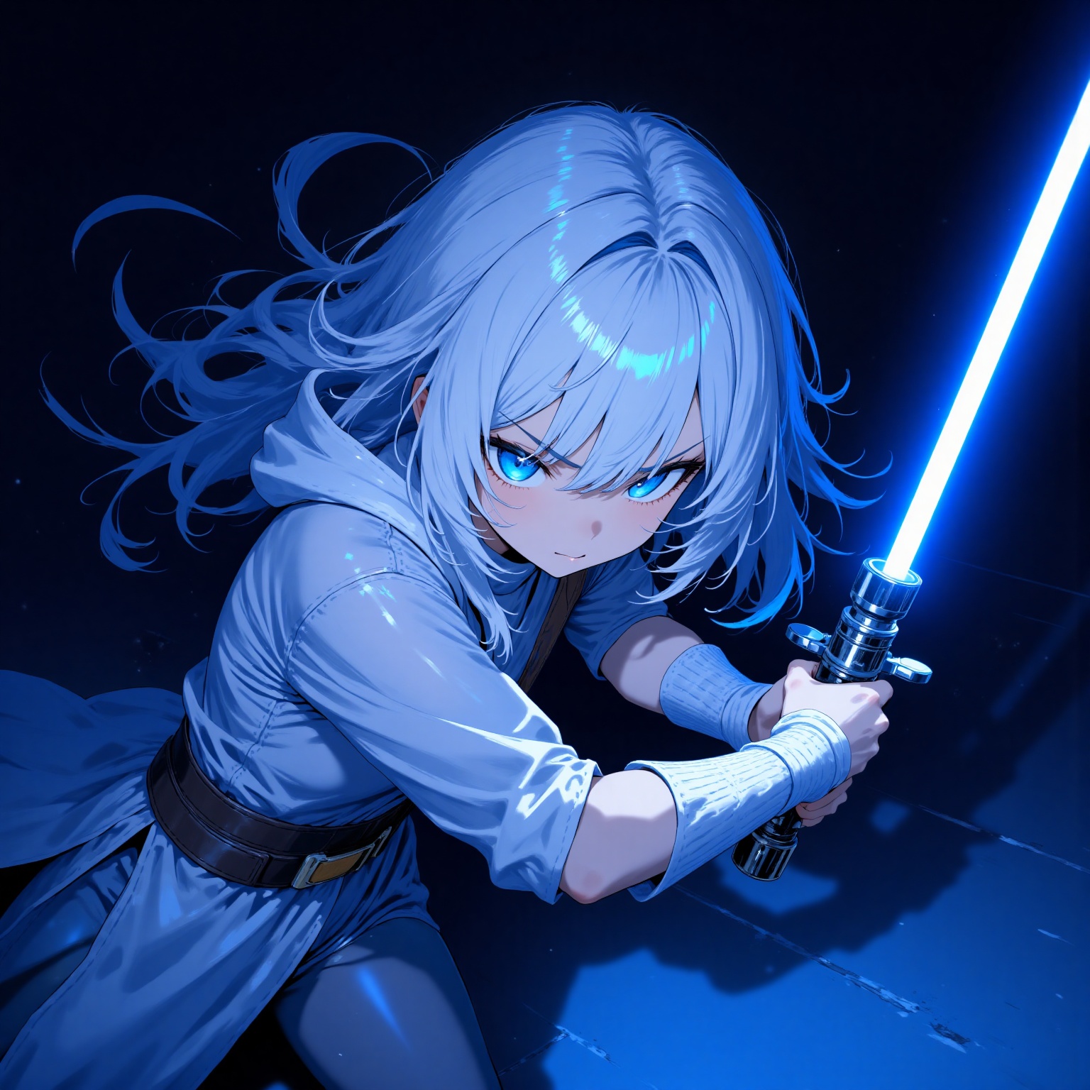 A striking image of a young woman with vibrant white hair and piercing blue eyes,  poised in a fierce fight stance. She gr...