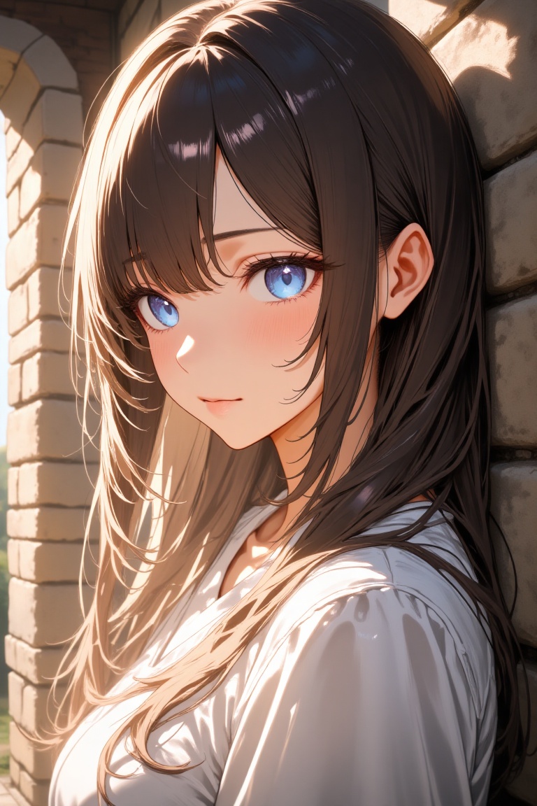 A soft focus captures the gentle gaze of a young woman,  her long hair softly framing her heart-shaped face as she leans a...