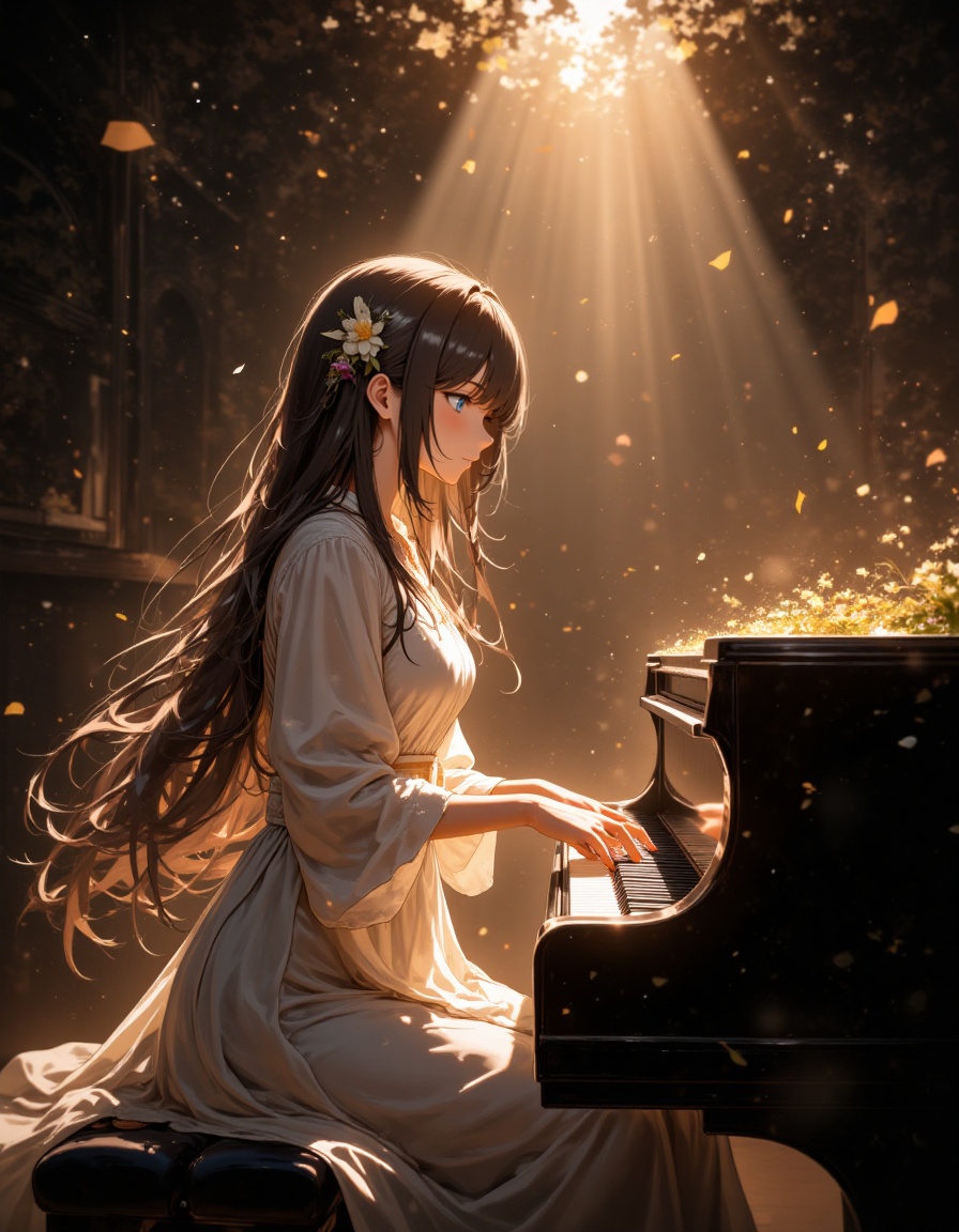 A majestic scene unfolds: a girl with an ethereal aura,  surrounded by a soft glow,  sits poised at the piano. The atmosph...