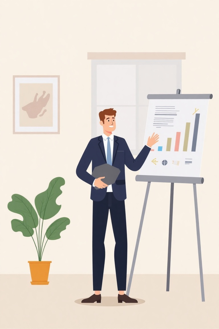 Flat design of a businessman giving a presentation,  clean workspace,  minimal style on Tensor.Art