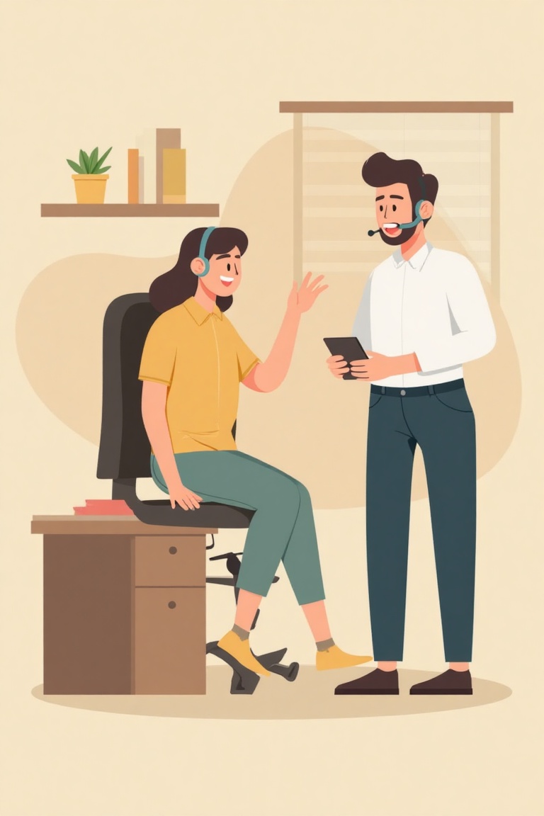 Flat design of a call center agent with headset,  speaking with customer,  flat vector style on Tensor.Art
