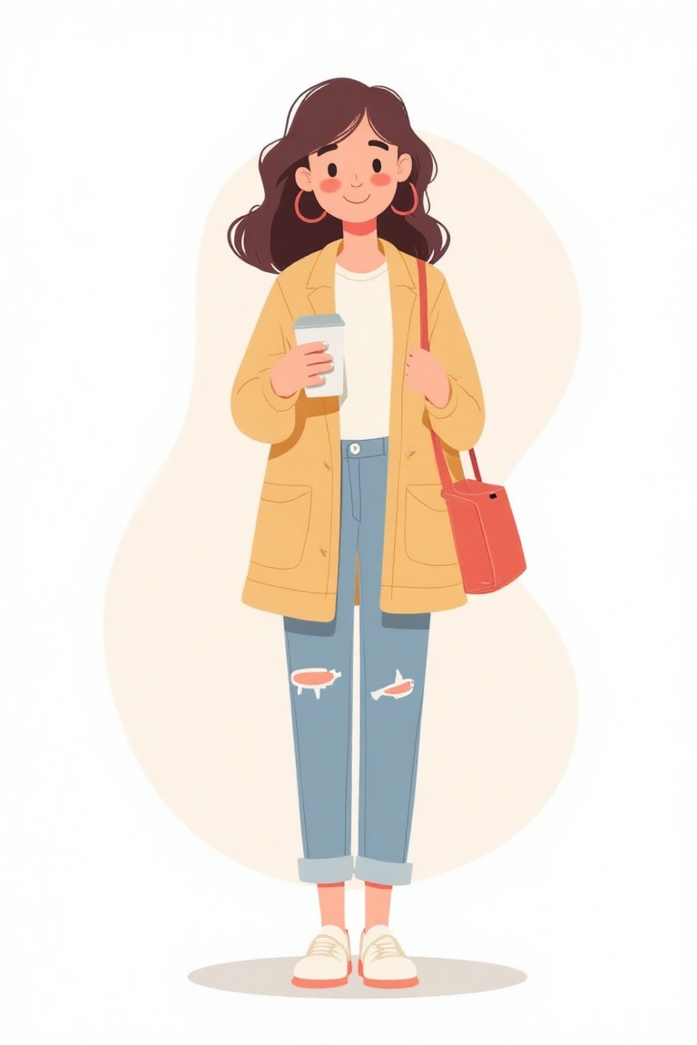 Flat illustration of a woman in a casual spring outfit,  holding a coffee cup,  soft pastel colors on Tensor.Art