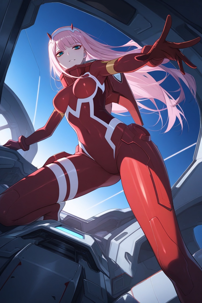 Zero Two (Darling in the Franxx),  cockpit view,  pilot suit on Tensor.Art