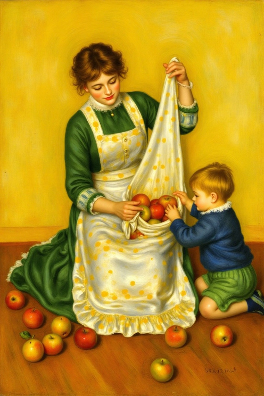pierreaugusterenoir1 painting. jessiewillcoxsmith1. A mother and her child are seated on the floor,  picking up apples. Th...