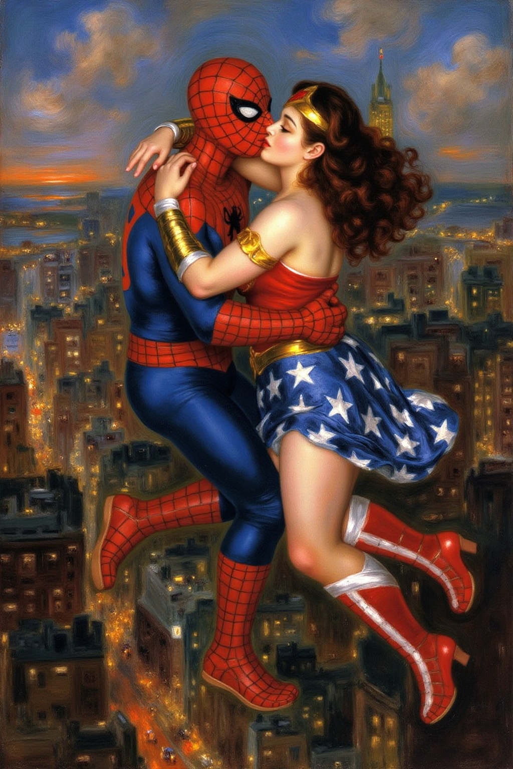 pierreaugusterenoir1 painting. Spider-man and Wonder Woman,  kissing,  floating above Shanghai on Tensor.Art