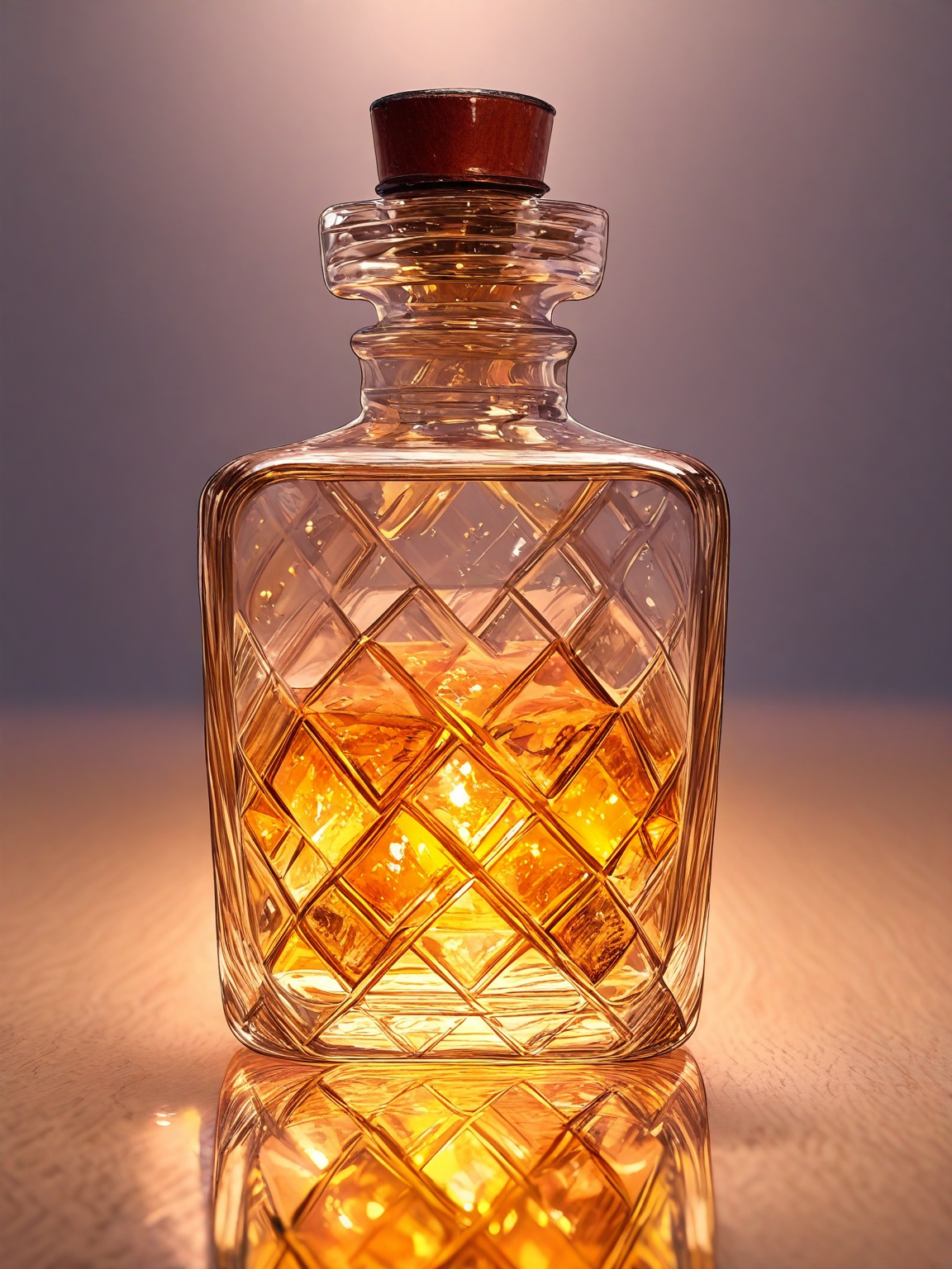A close-up shot of a vintage glass bottle,  centered in frame with a shallow depth of field to emphasize its textured surf...