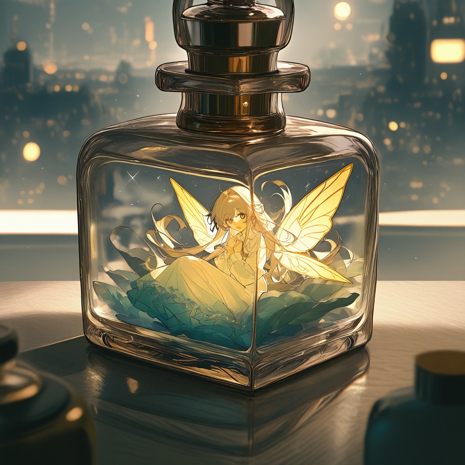A whimsical illustration of a mischievous sprite emerging from a vintage-style perfume bottle. The sprite's delicate wings...