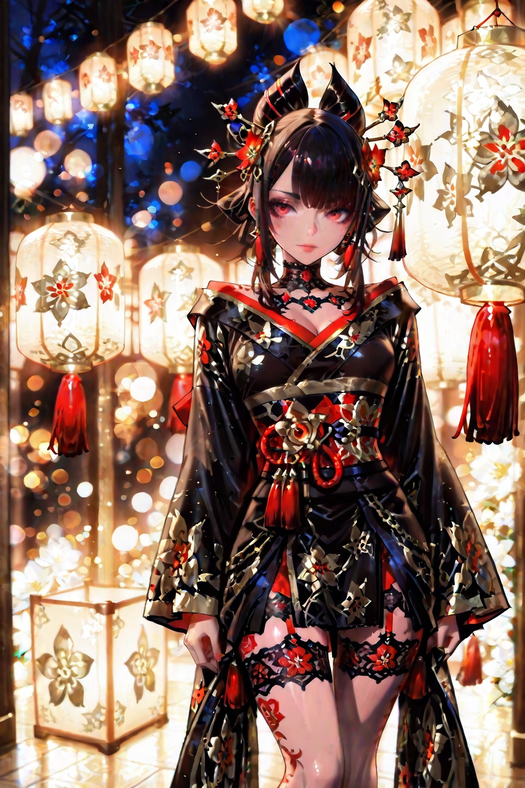 Beautiful dark haired girl in gorgeous black kimono with gold and white floral patterns and red and white trim,  ornate ha...