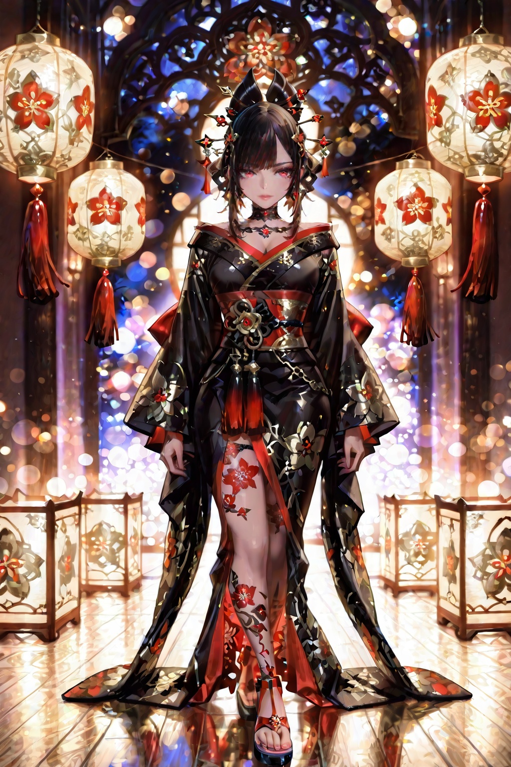 Beautiful dark haired girl in gorgeous black kimono with gold and white floral patterns and red and white trim,  ornate ha...