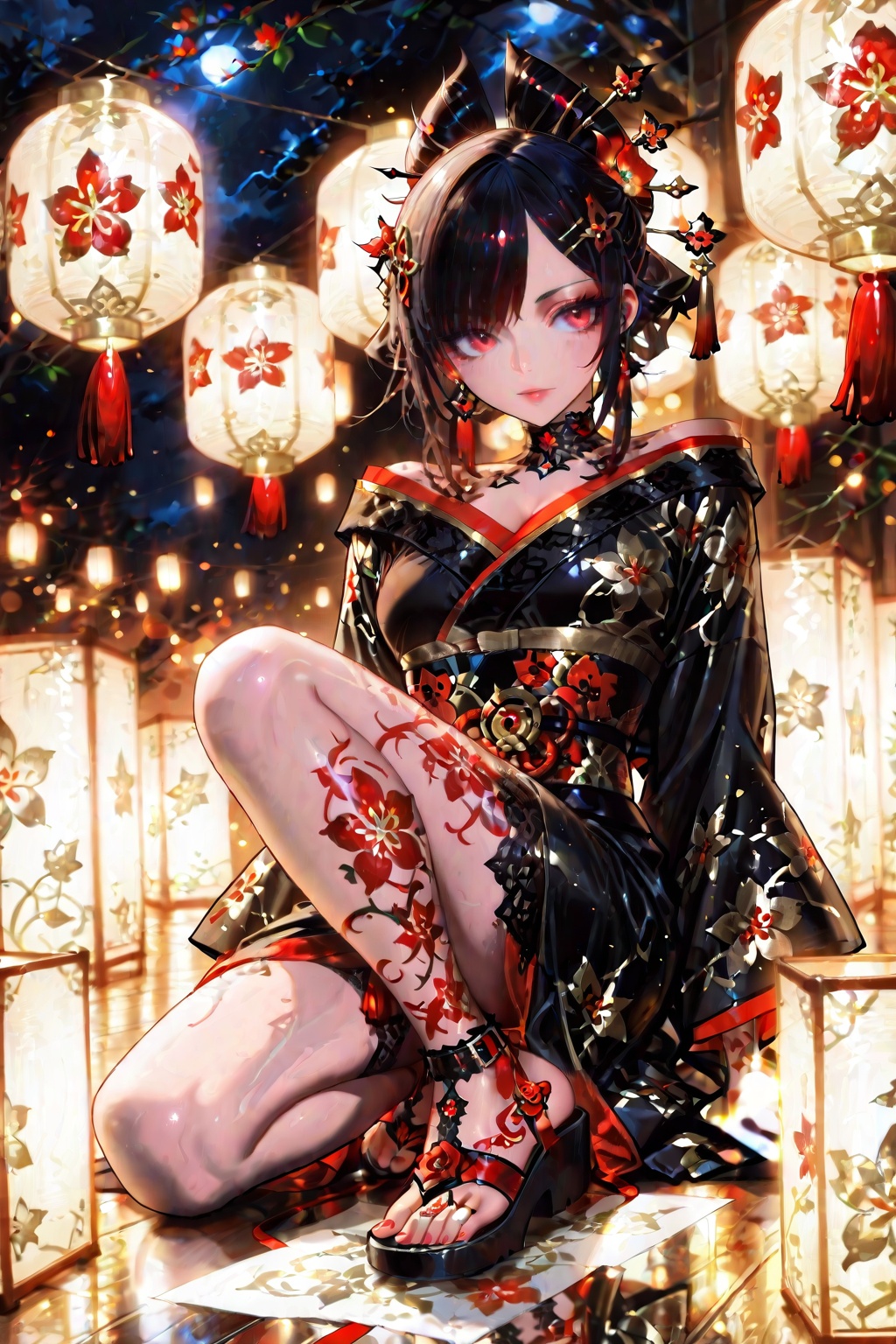 Beautiful dark-haired girl in gorgeous black kimono with gold and white floral patterns and red and white trim,  ornate ha...