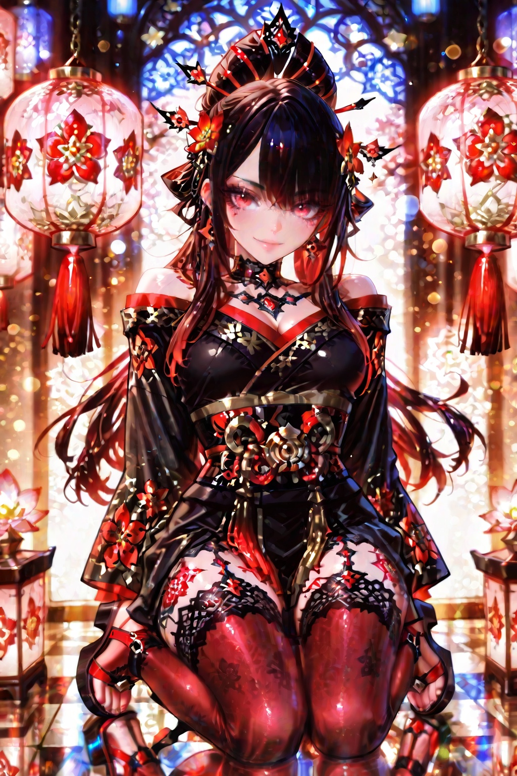 A beautiful dark-haired girl in a gorgeous black kimono decorated with gold and white floral patterns and red accents. Orn...