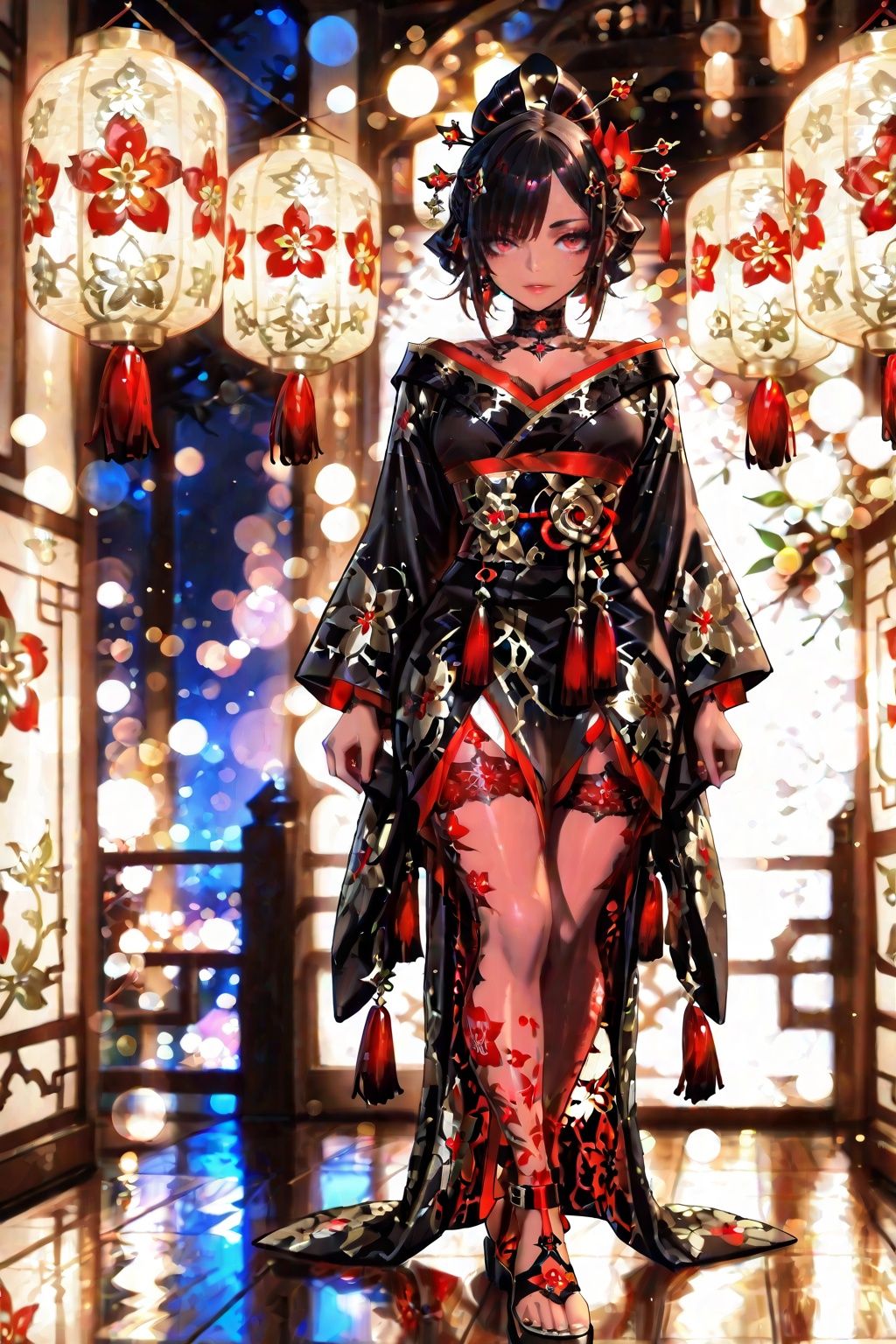 Beautiful dark haired girl in gorgeous black kimono with gold and white floral patterns and red and white trim,  ornate ha...