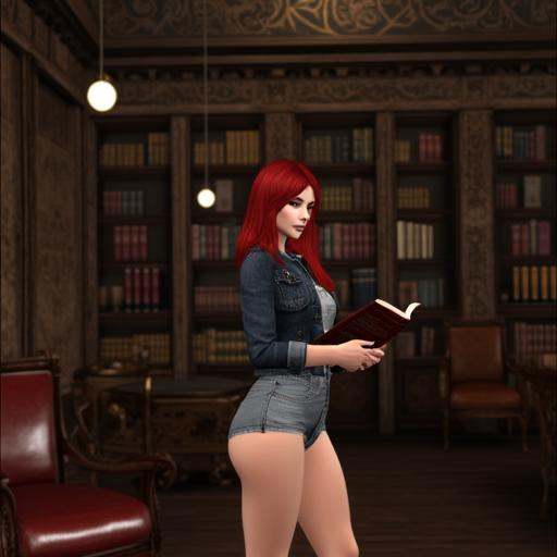 vpzdxizz,  a red haired female in a denim jacket and booty shorts standing in a library reading a book on Tensor.Art