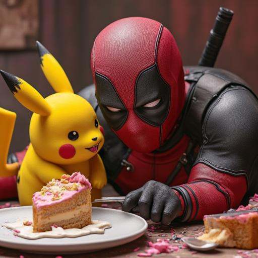 vpzdxizz,  pikachu eating a slice of deadpool's head but it's just like a cake and made of icing on Tensor.Art