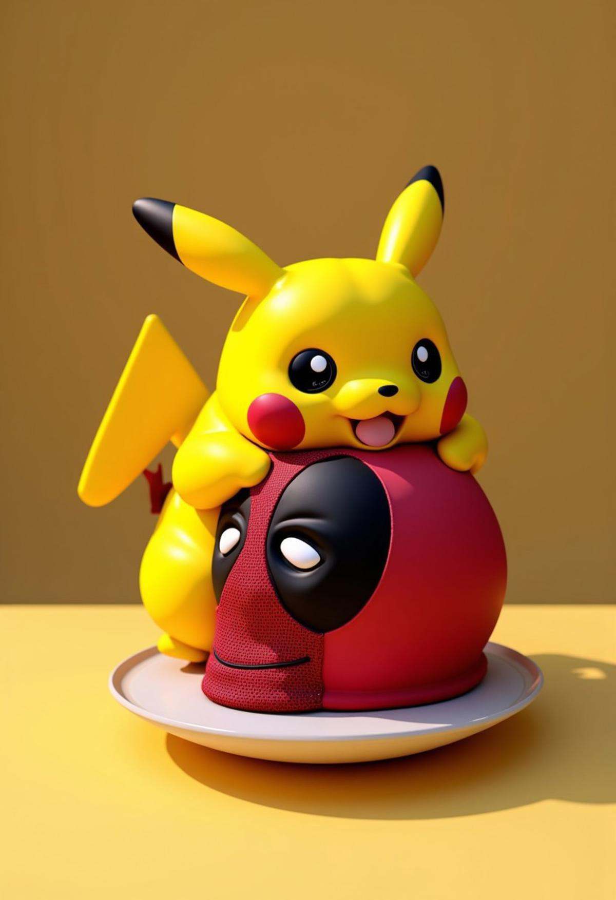 a 3d image of vpzdxizz,  pikachu eating a slice of deadpool's head but it's just like a cake and made of icing on Tensor.Art
