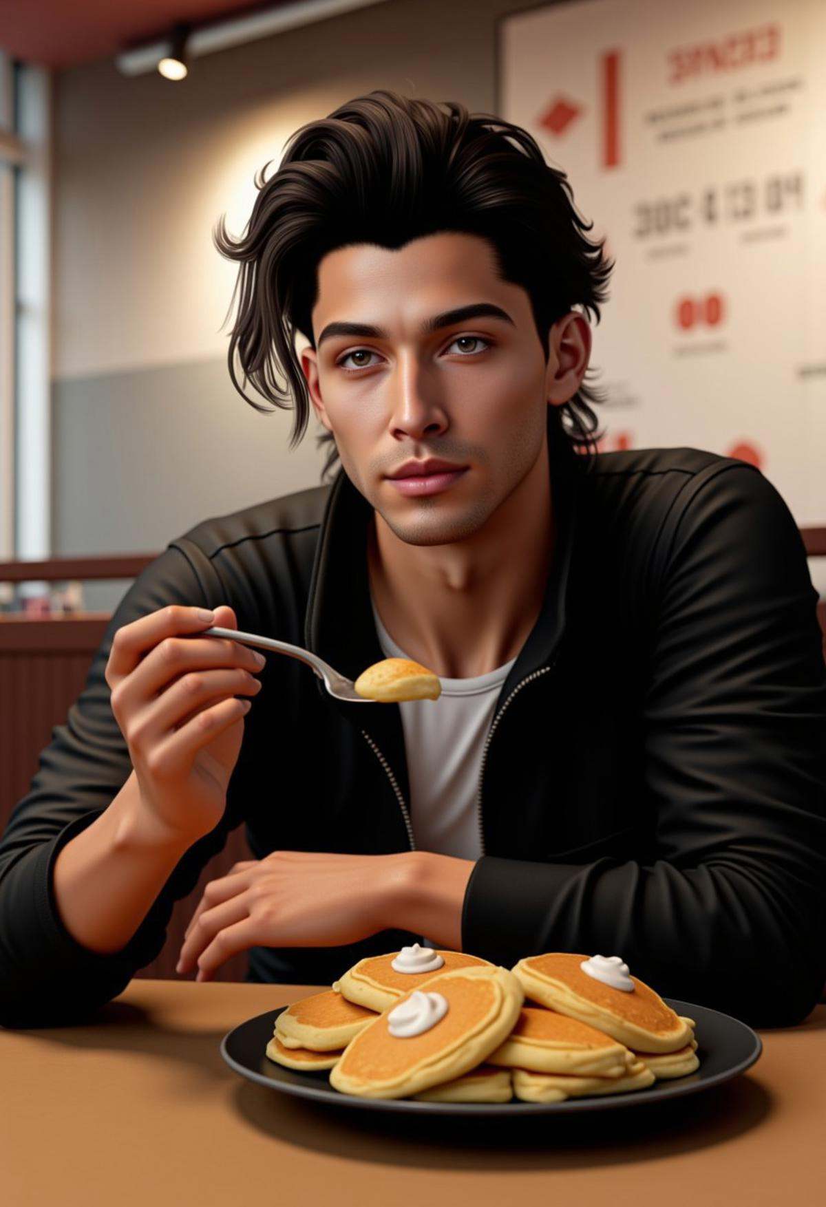 a 3d image of vpzdxizz,  a dark haired man sitting in a restaurant eating pancakes on Tensor.Art