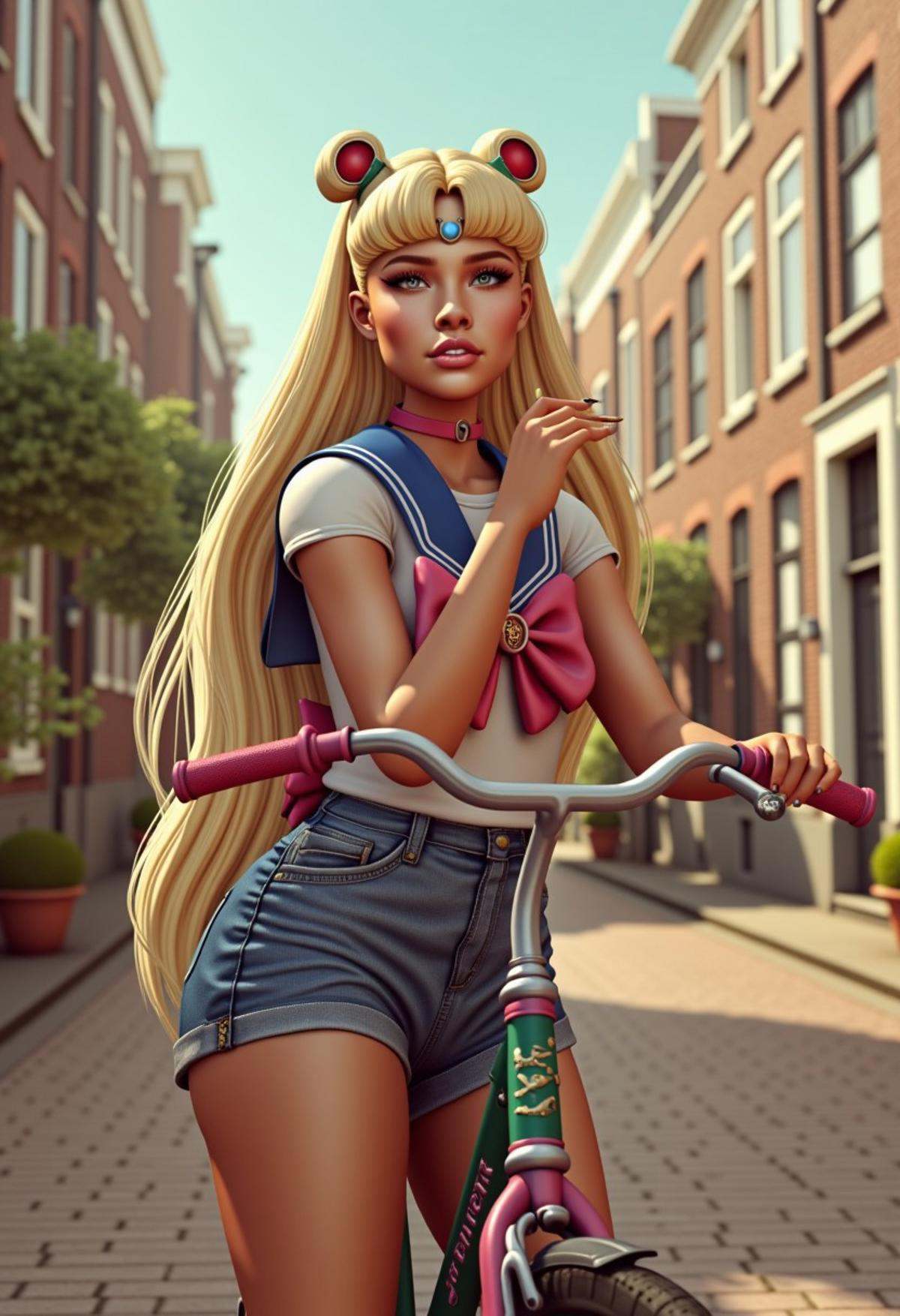 vpzdxizz,  a 3d image of Sailor Moon smoking marijuana cigarettes on a bike in the Netherlands in the middle of a hot summ...