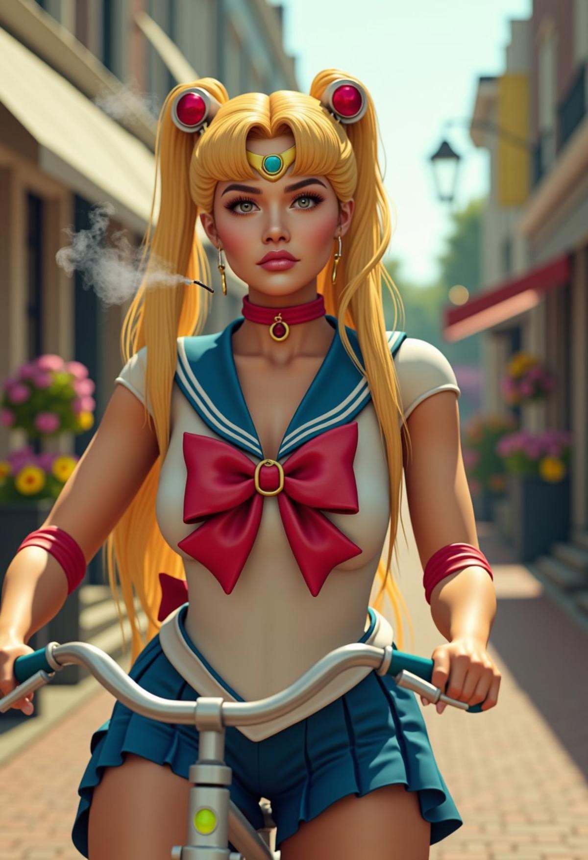 vpzdxizz,  a 3d image of Sailor Moon smoking marijuana cigarettes on a bike in the Netherlands in the middle of a hot summ...