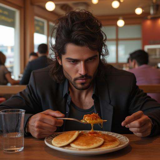 vpzdxizz,  a dark haired man sitting in a restaurant eating pancakes on Tensor.Art