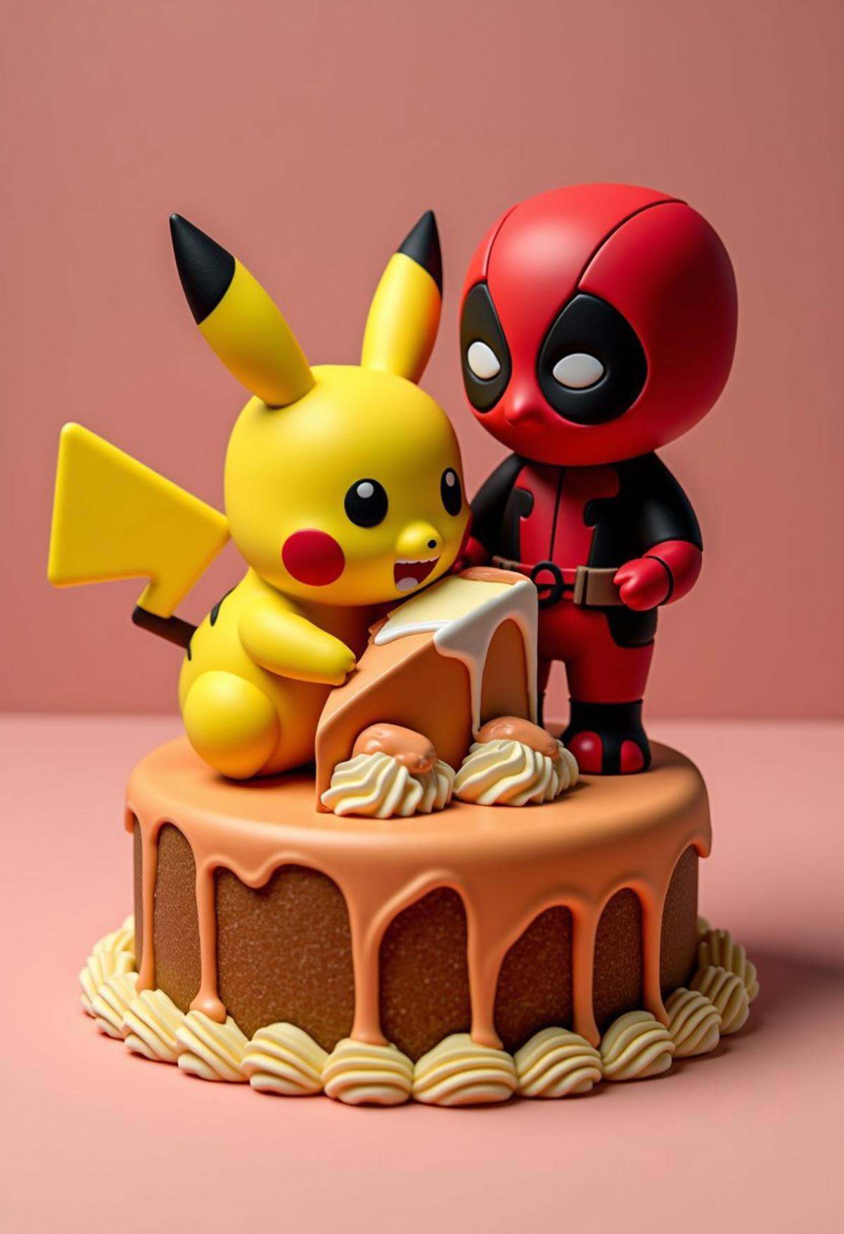 a 3d image of vpzdxizz,  pikachu eating a slice of deadpool's head but it's just like a cake and made of icing on Tensor.Art