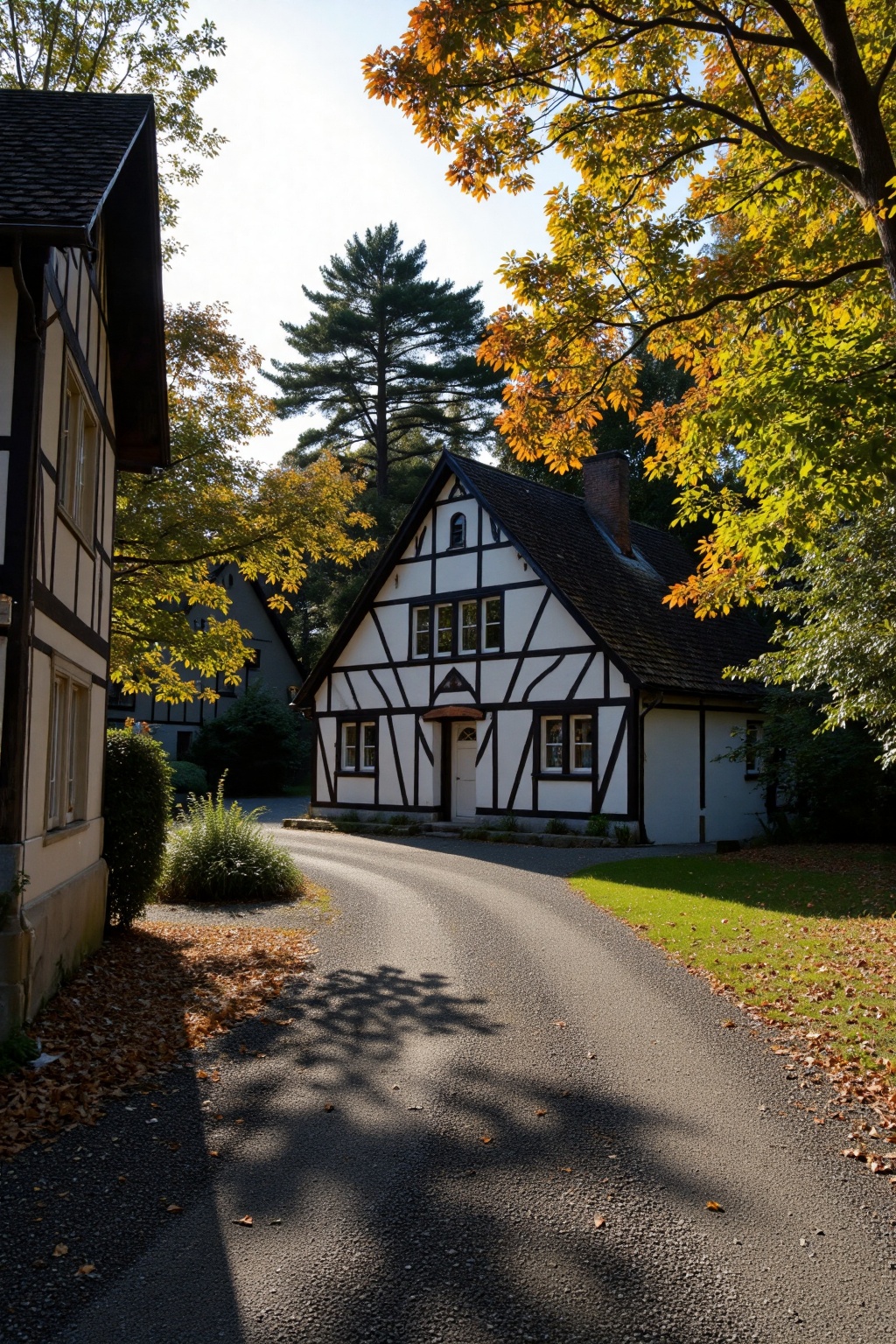 real photo,  shadow The image depicts a picturesque scene of a traditional half-timbered house surrounded by lush greenery...