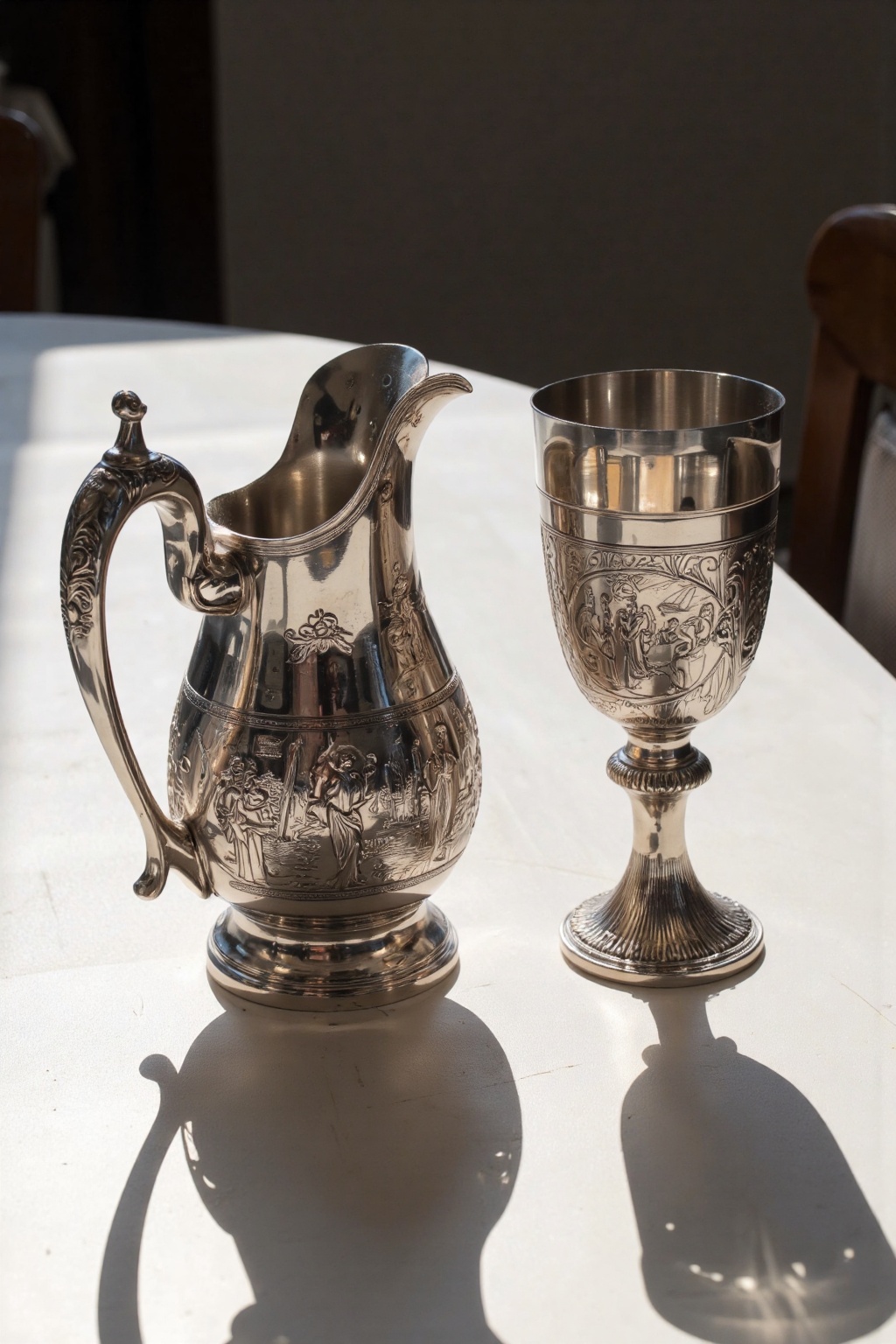 real photo,  shadow The image shows two metallic objects placed on a flat surface. On the left is a pitcher with a handle...