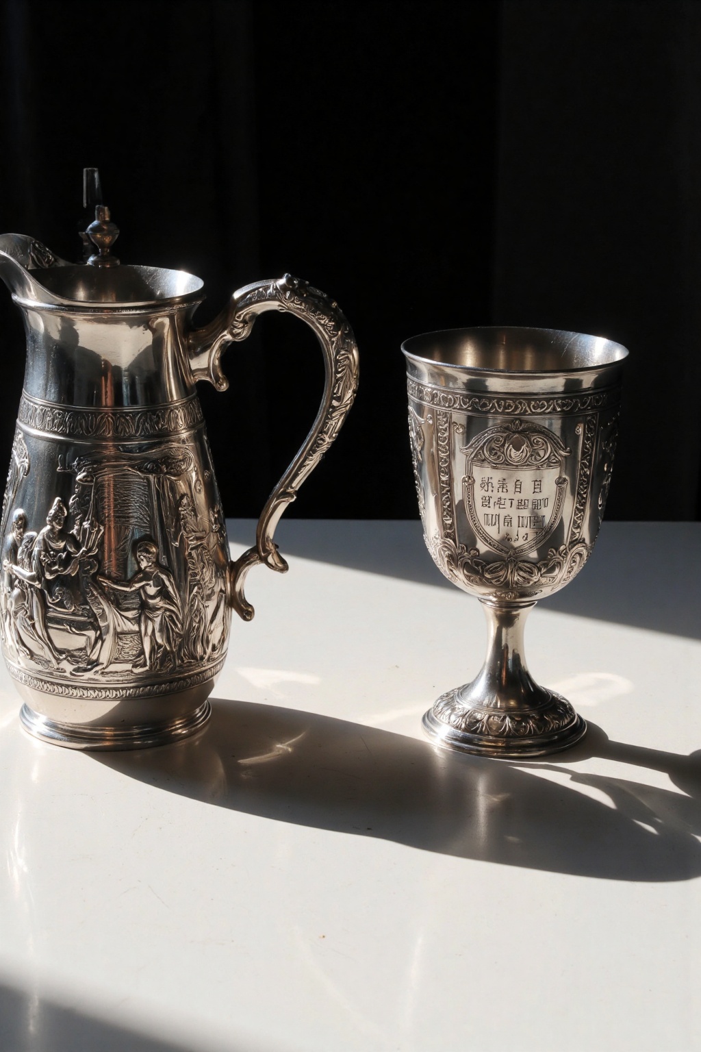 real photo,  shadow The image shows two metallic objects placed on a flat surface. On the left is a pitcher with a handle...