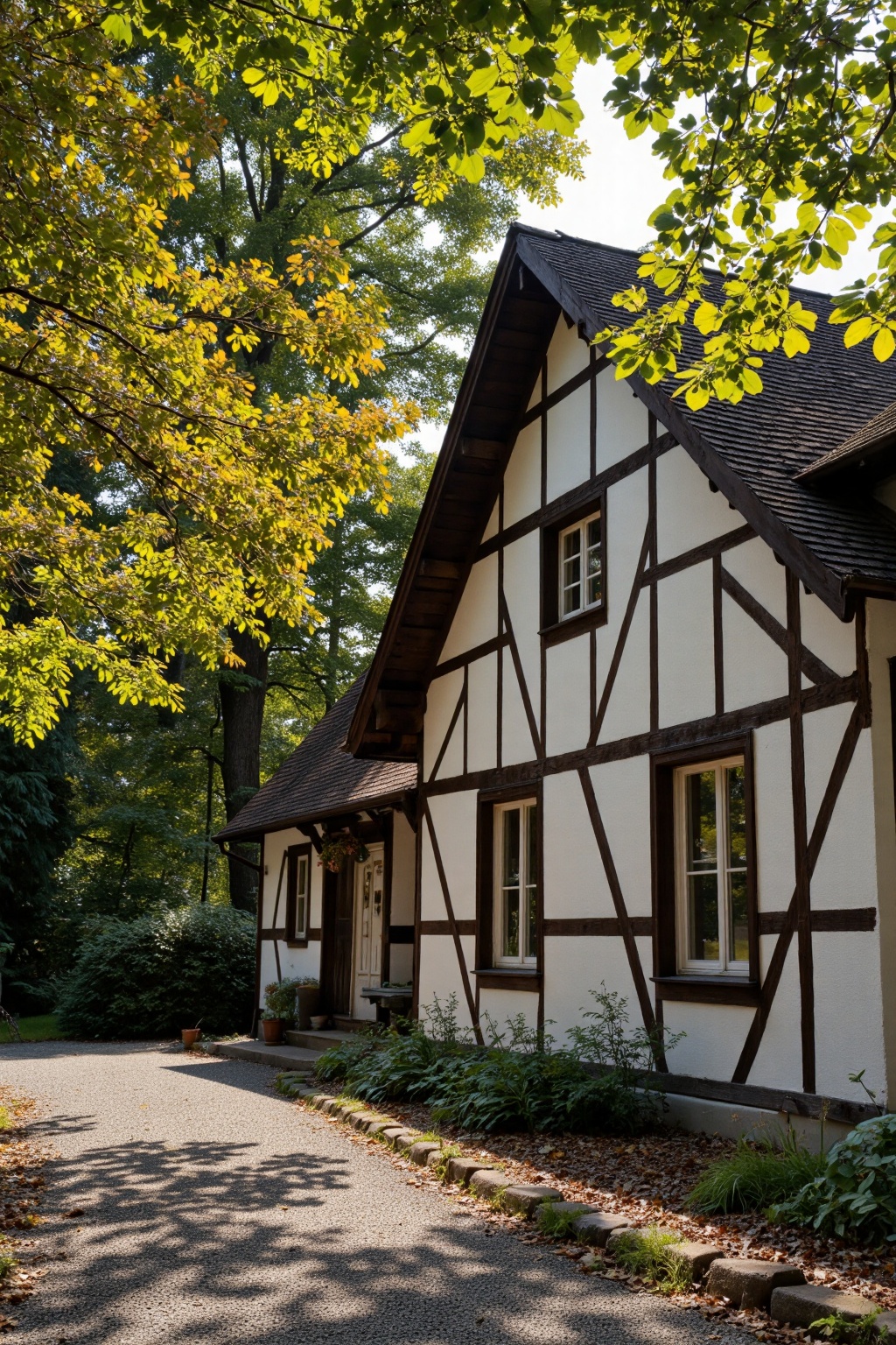 real photo,  shadow The image depicts a picturesque scene of a traditional half-timbered house surrounded by lush greenery...