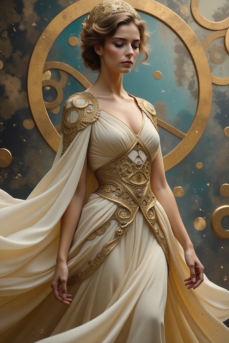 timeless fashion portrait of Chrona,  goddess of time,  wearing an elaborate couture gown inspired by ancient clockwork an...