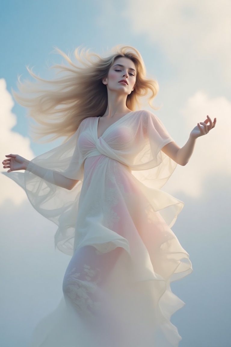 ethereal high-fashion portrait of Aeris,  the goddess of air,  wearing a translucent flowing silk gown that floats weightl...