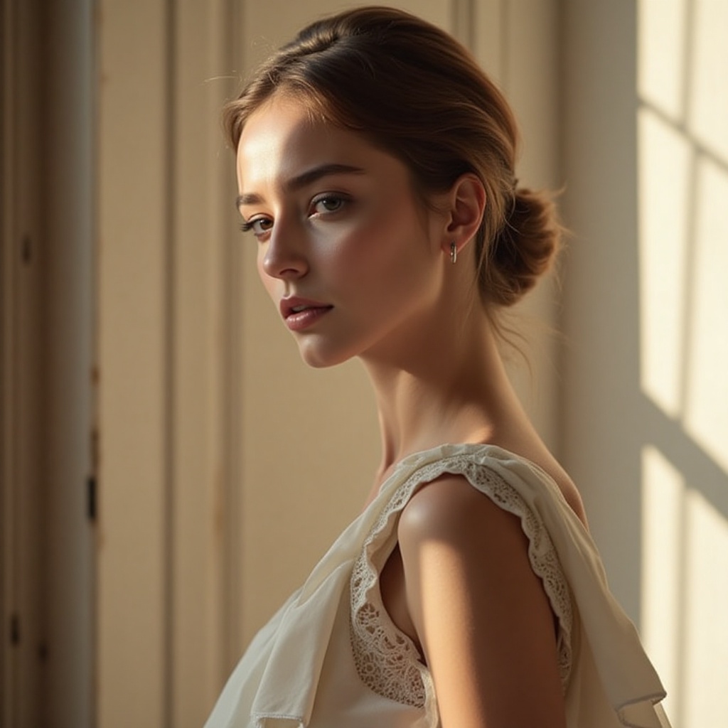 natural light fashion photography,  elegant 20-year-old model,  minimal makeup on Tensor.Art