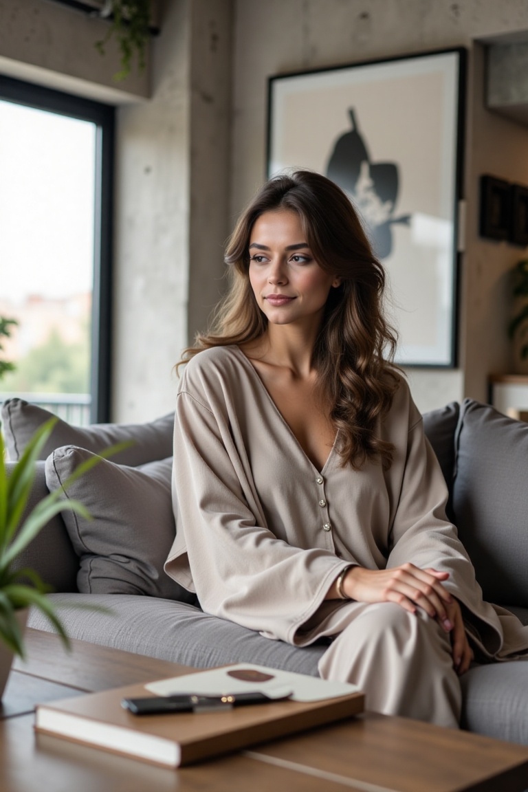 a stylish young woman sitting comfortably on sofa,  20yo,  relaxed posture on Tensor.Art