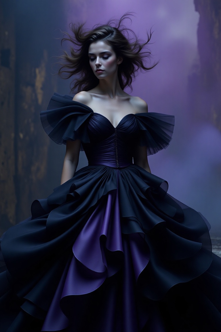 dramatic high-fashion portrait of Umbra,  the goddess of shadow,  draped in a couture gown made of flowing darkness and vo...