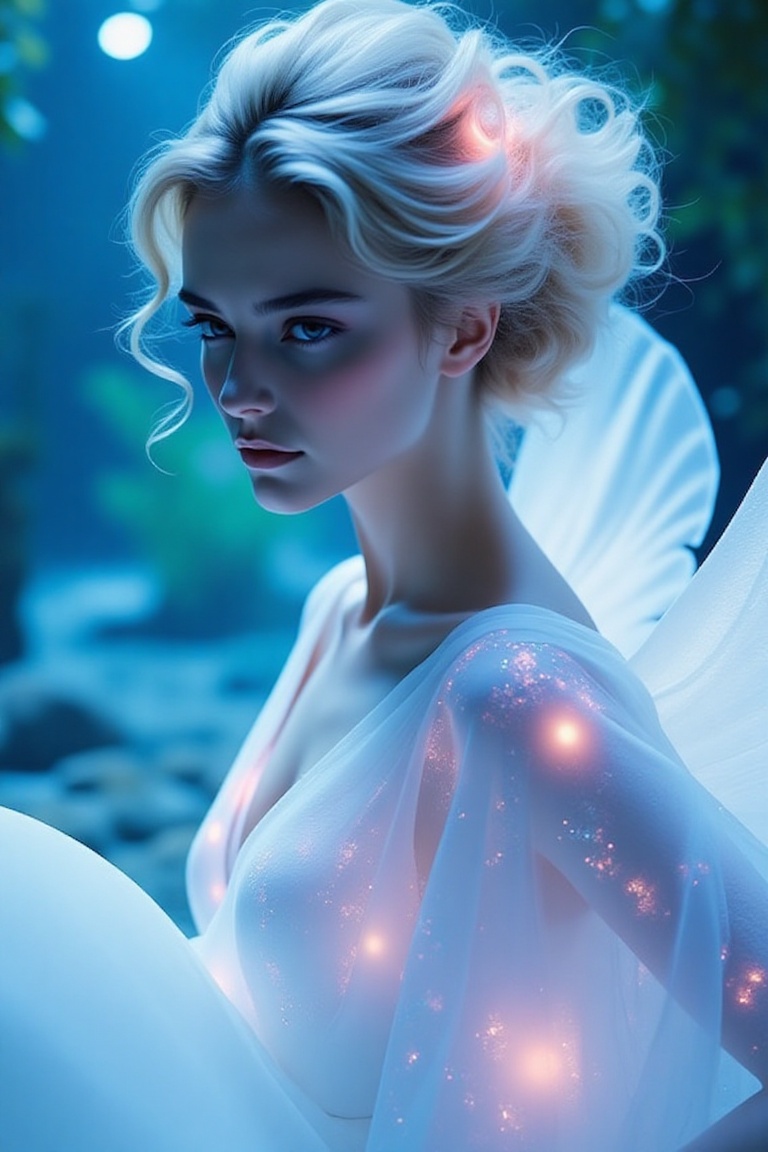 ethereal fashion portrait of a futuristic Aphrodite,  bioluminescent goddess of beauty,  translucent glowing skin with jel...