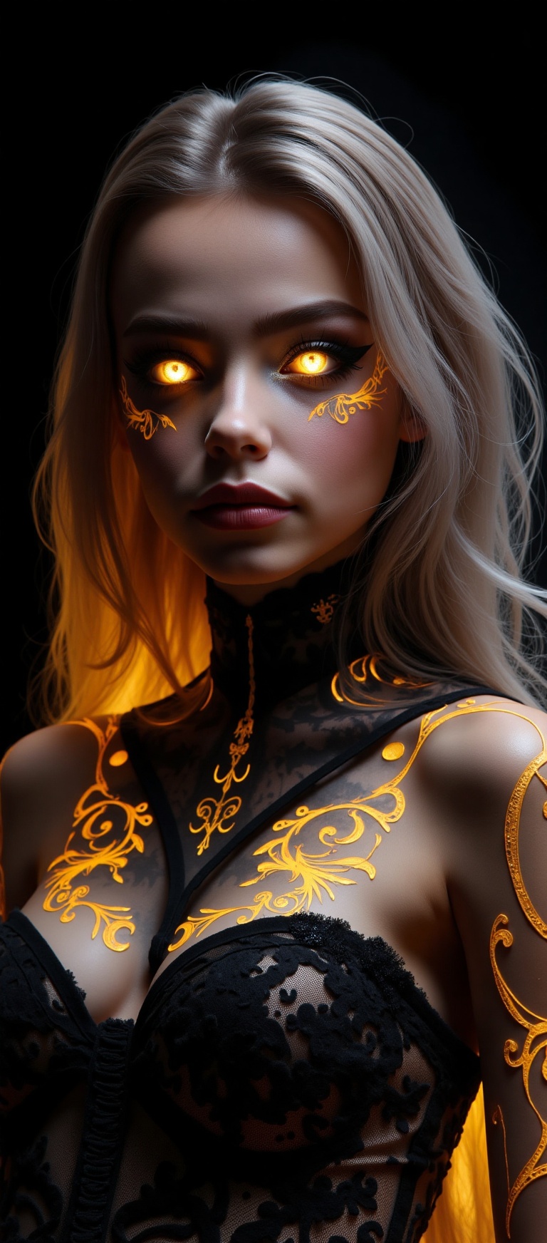 A surreal,  hyper-realistic portrait of a fashion doll named Lesya,  with glowing on Tensor.Art