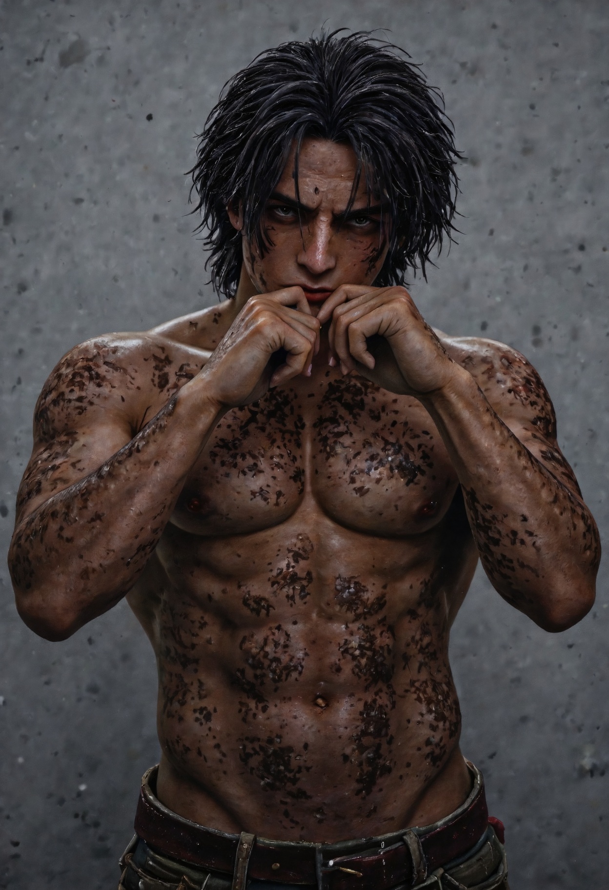 A highly detailed N0w style illustration,  featuring a muscular,  shirtless male figure with dark on Tensor.Art