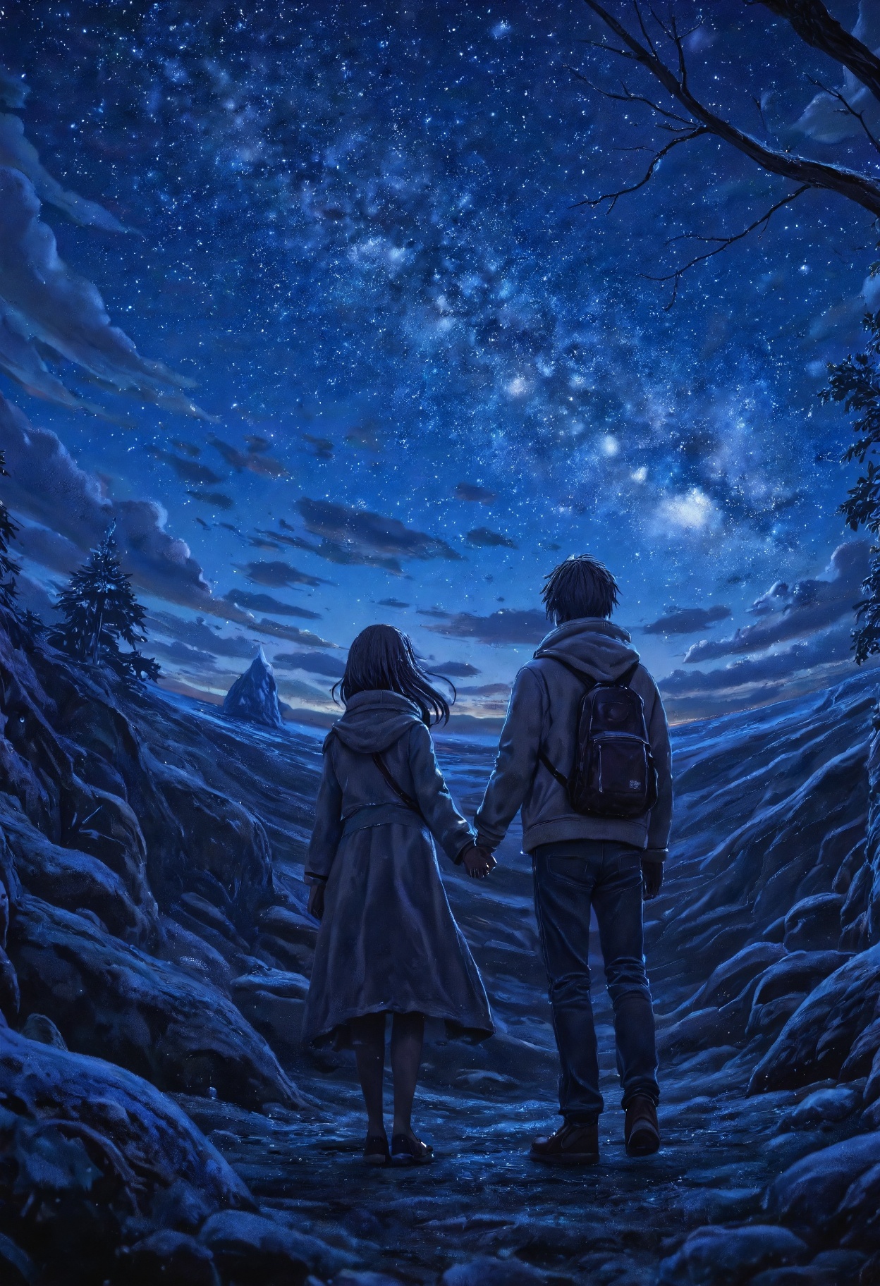 A highly detailed N0w style illustration,  featuring two individuals standing in a dark,  underwater cave illuminated by a...